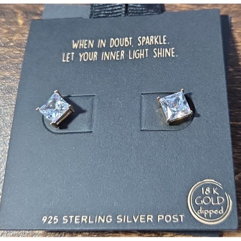 18K Gold Dipped Princess‎ Cut Stud Earrings 925 Sterling Silver Post Square